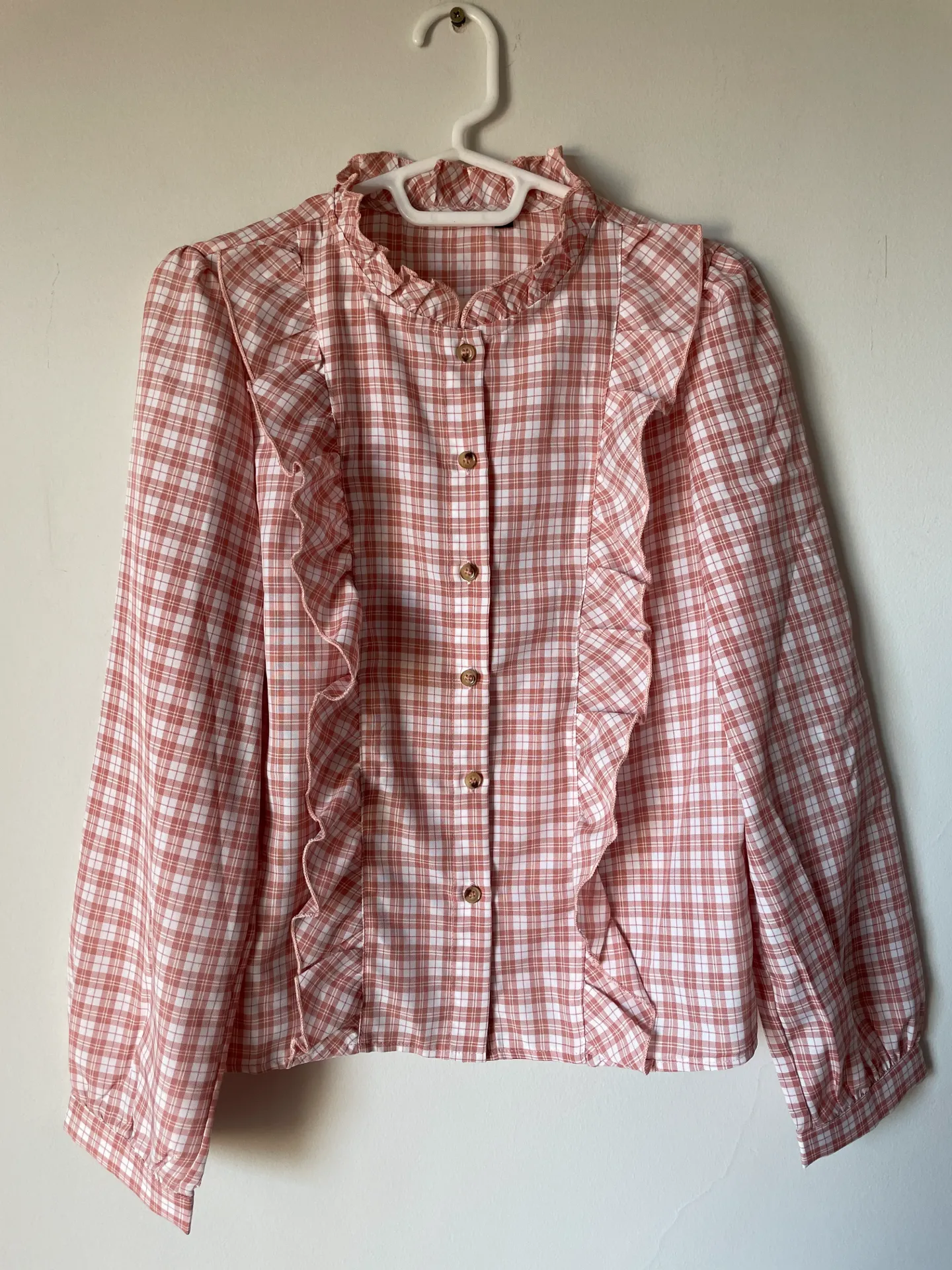 [MODFETIUSA0081] Camisa blanca y rosa manga larga a cuadros Shein Talle M