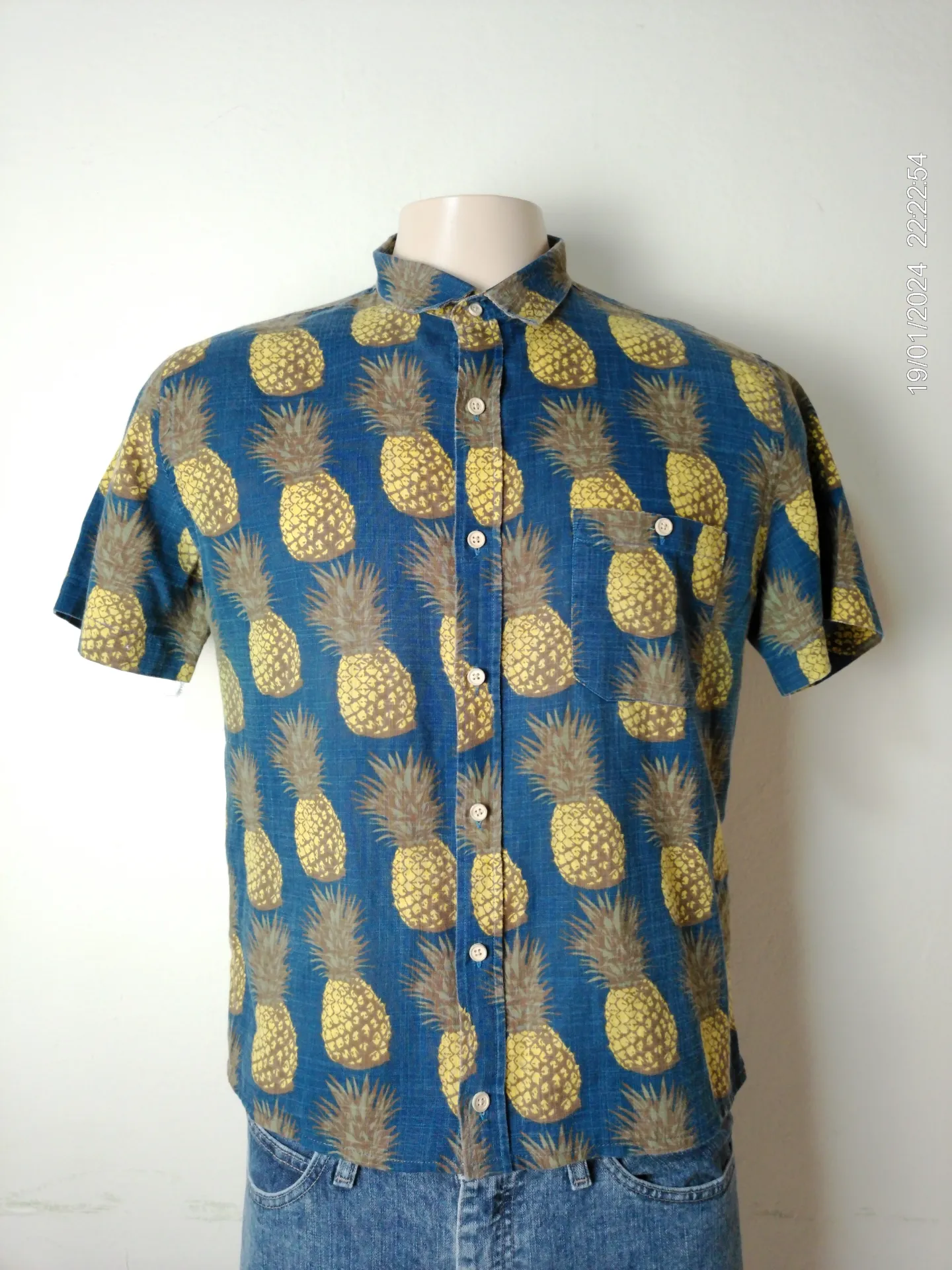 Camisa manga corta azul con estampado de piñas