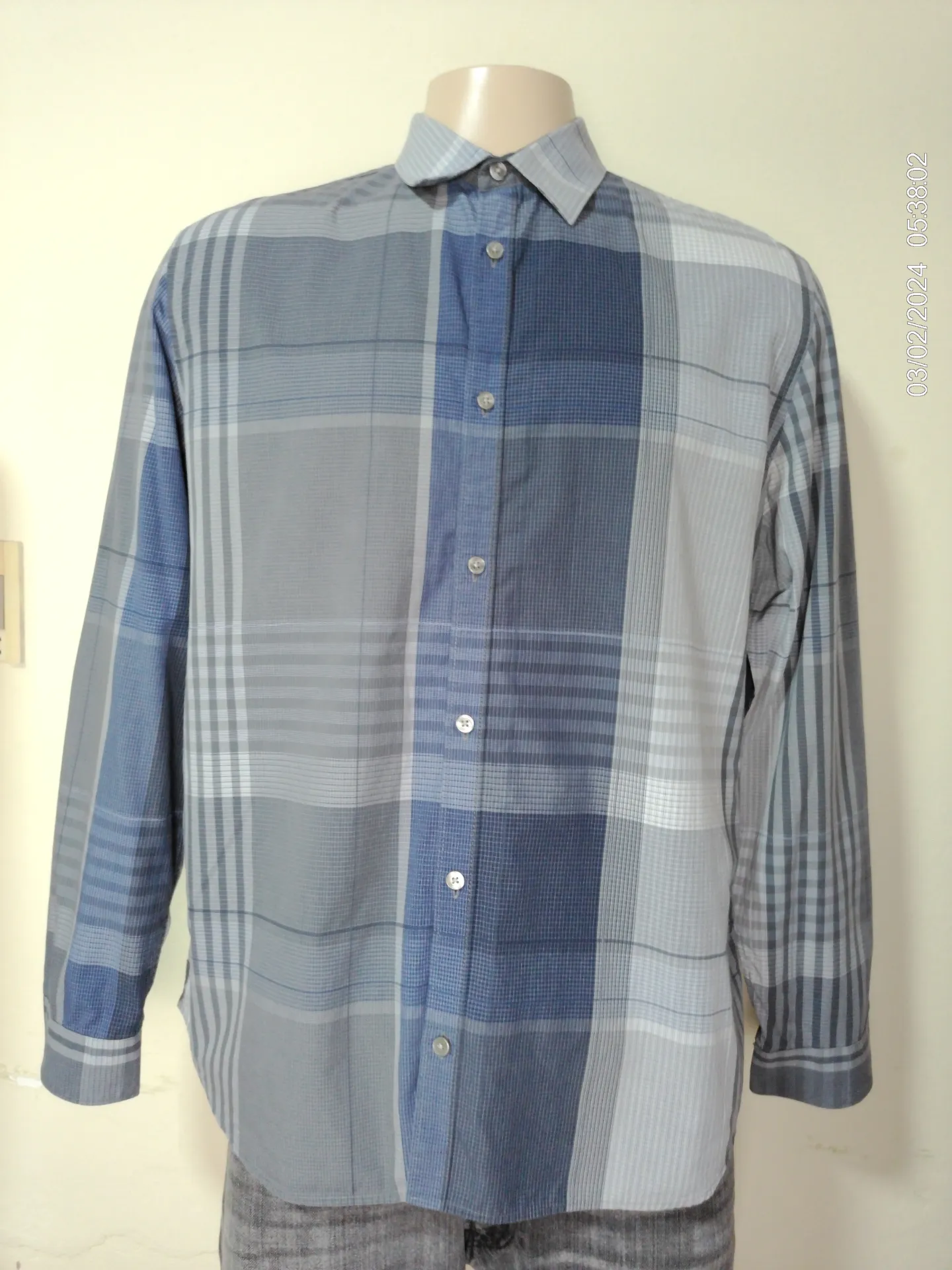 Camisa manga larga a cuadros azul claro y gris