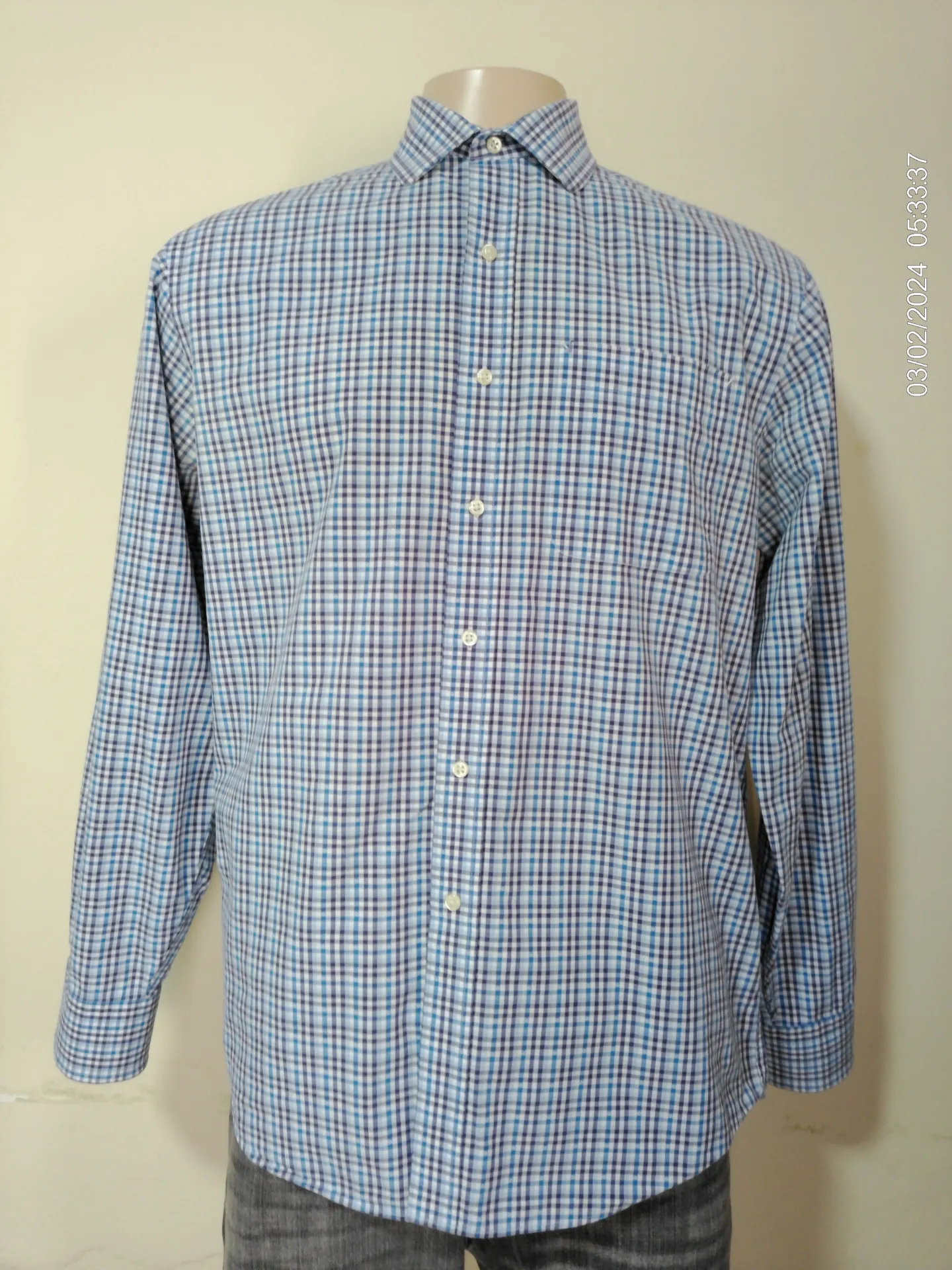 Camisa manga larga a cuadros gris y celeste