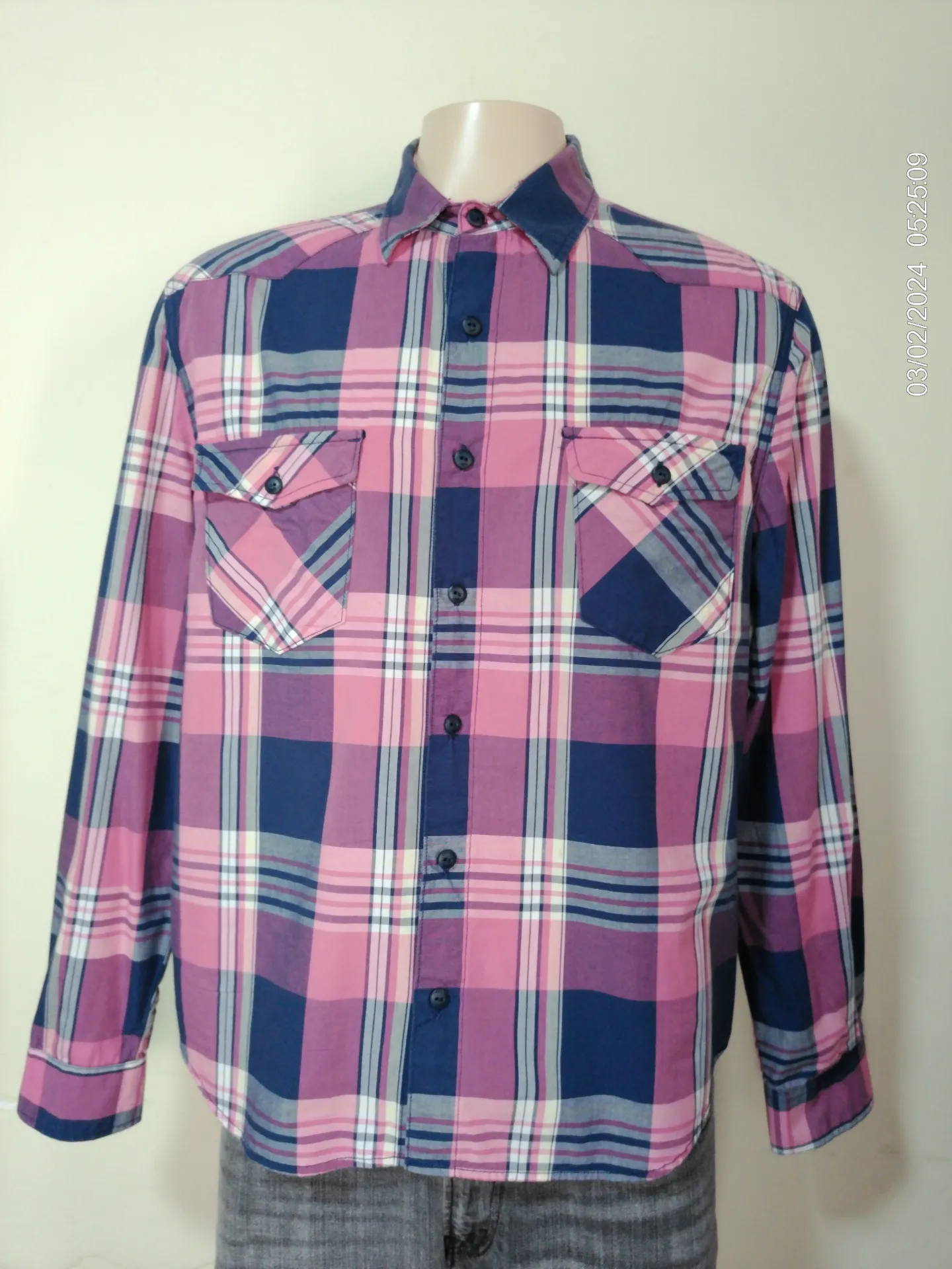 Camisa manga larga a cuadros salmon y azul