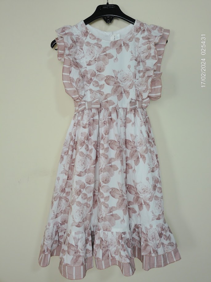 Vestido sin manga con volados rosa y blanco