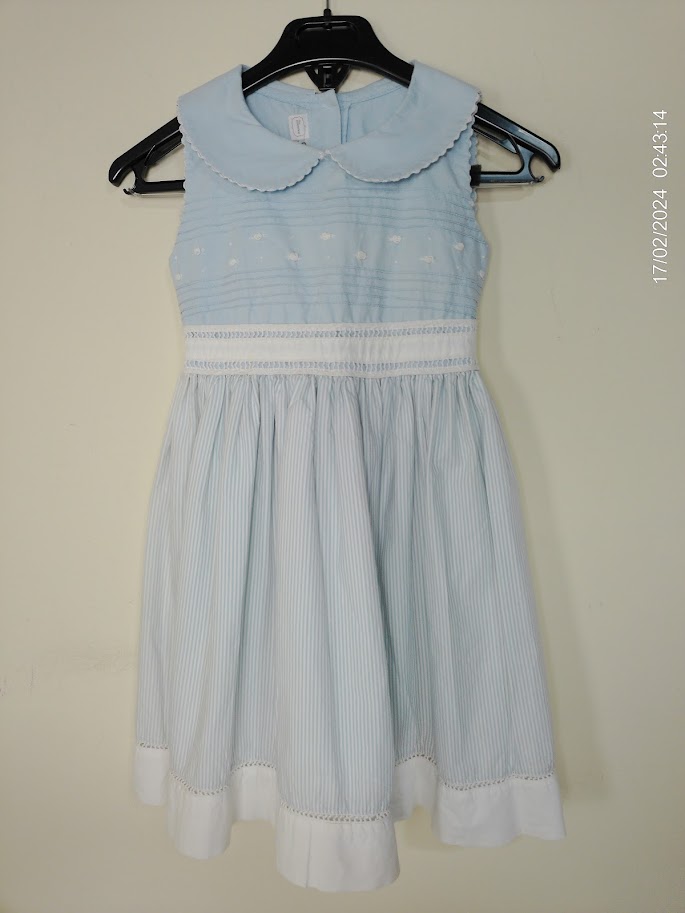 [KIDFETIUSA0374] Vestido sm a rayas celeste y blanco con detalles