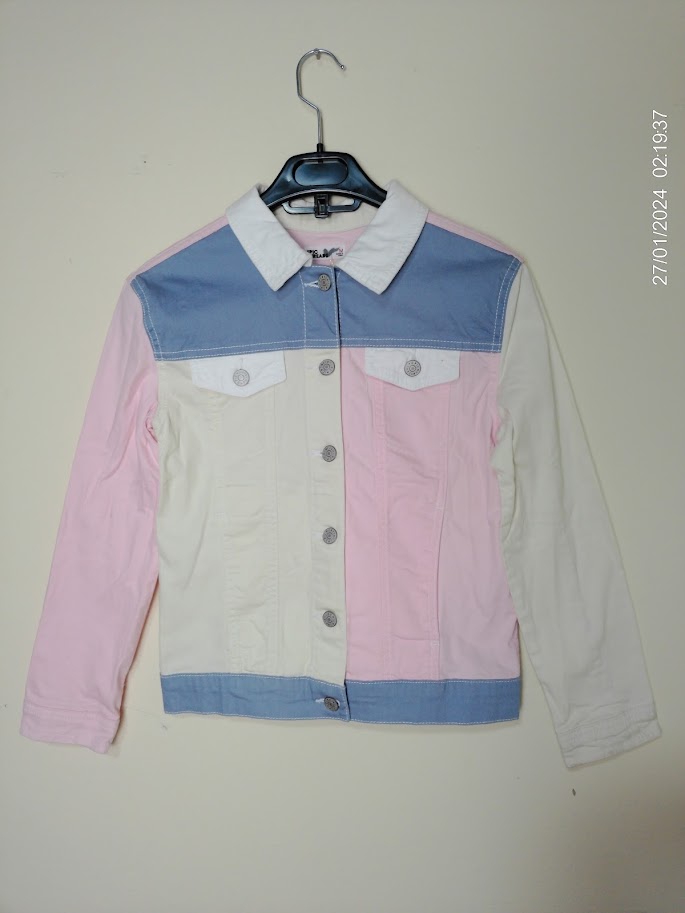 [KIDFETIUSA0437] Chaqueta tipo jean beige rosado y turquesa