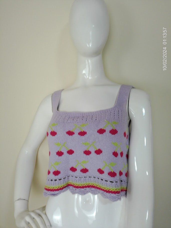[MODFETIUSA0354] Top sin manga lila con estampado de cerezas