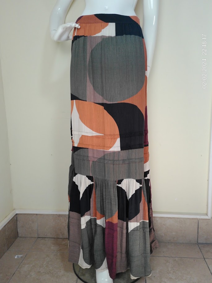 Pollera larga estampada verde naranja y vino