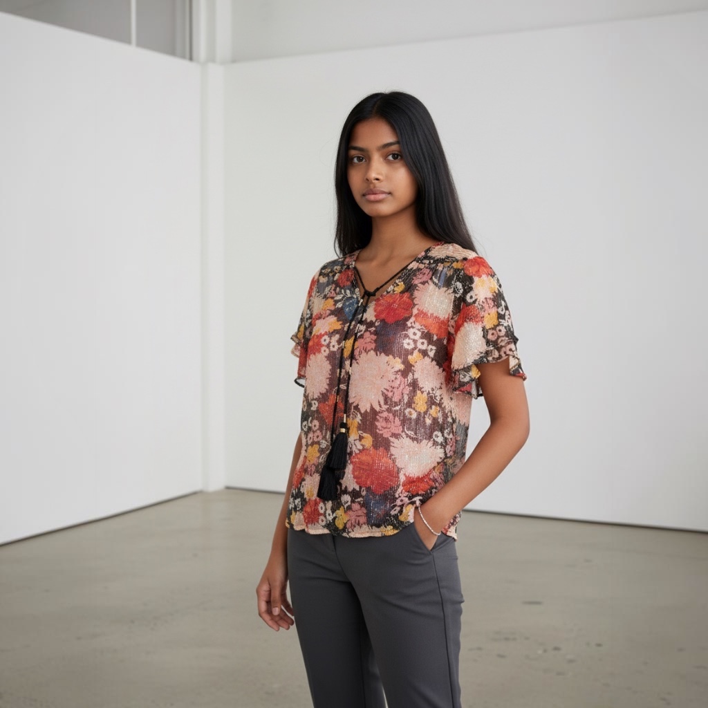 [272] Blusa Rapsodia Manga corta blanco y dorada Floral talle M