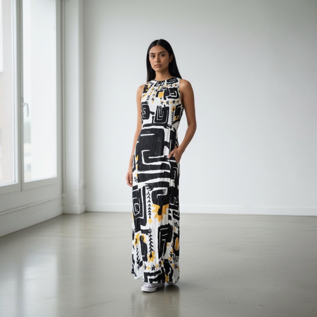 [315] Vestido Riachuelo Largo blanco y negro talle P Estampado