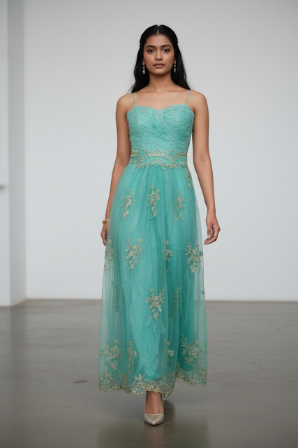 [320] Vestido Sin marca turquesa y dorado Brilloso talle S