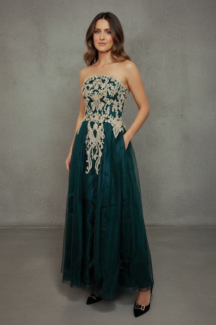 [321] Vestido Beverly Kuhl verde y dorado Brilloso talle S
