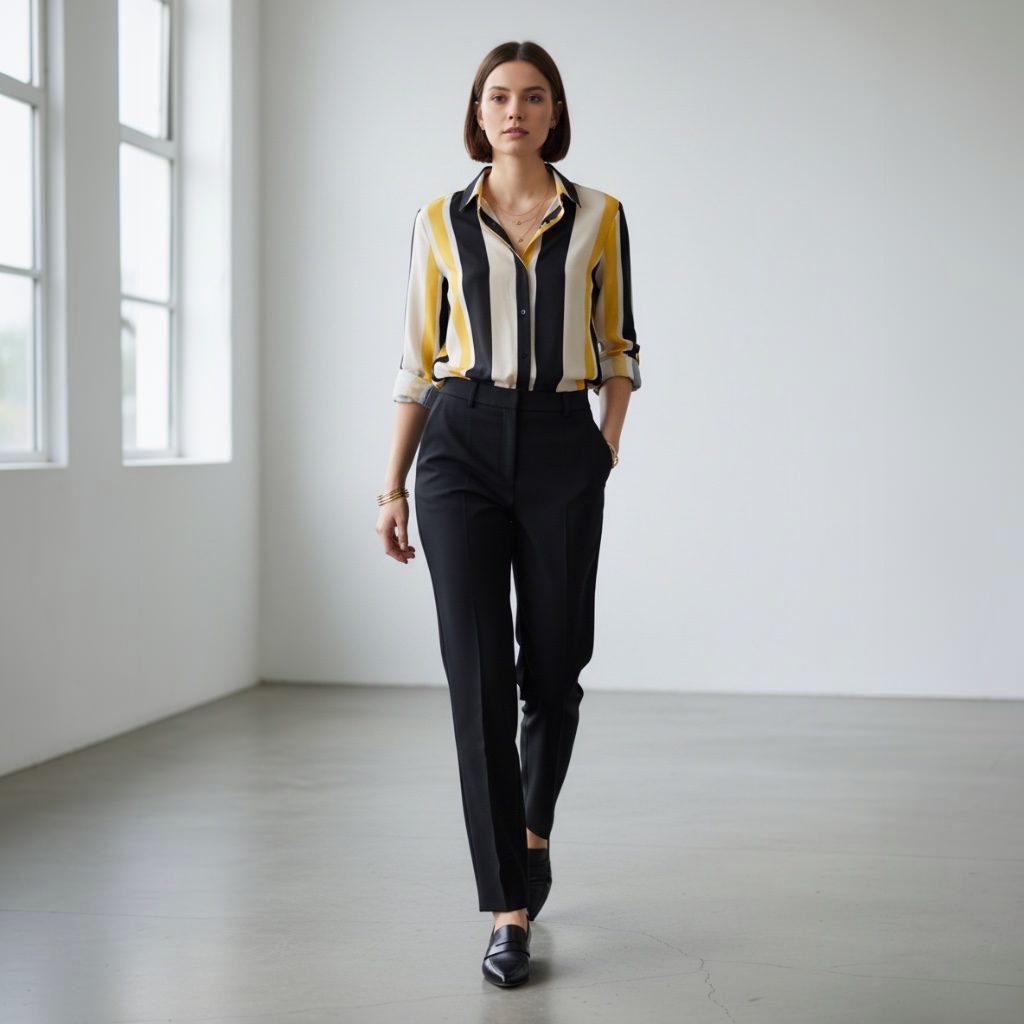 [327] Camisa MNG Manga larga negro y beige Rayado talle S Mostaza