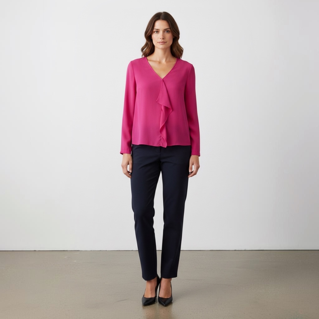 [332] Blusa Suite Blanco Manga larga fucsia talle M Con bolado en el frente
