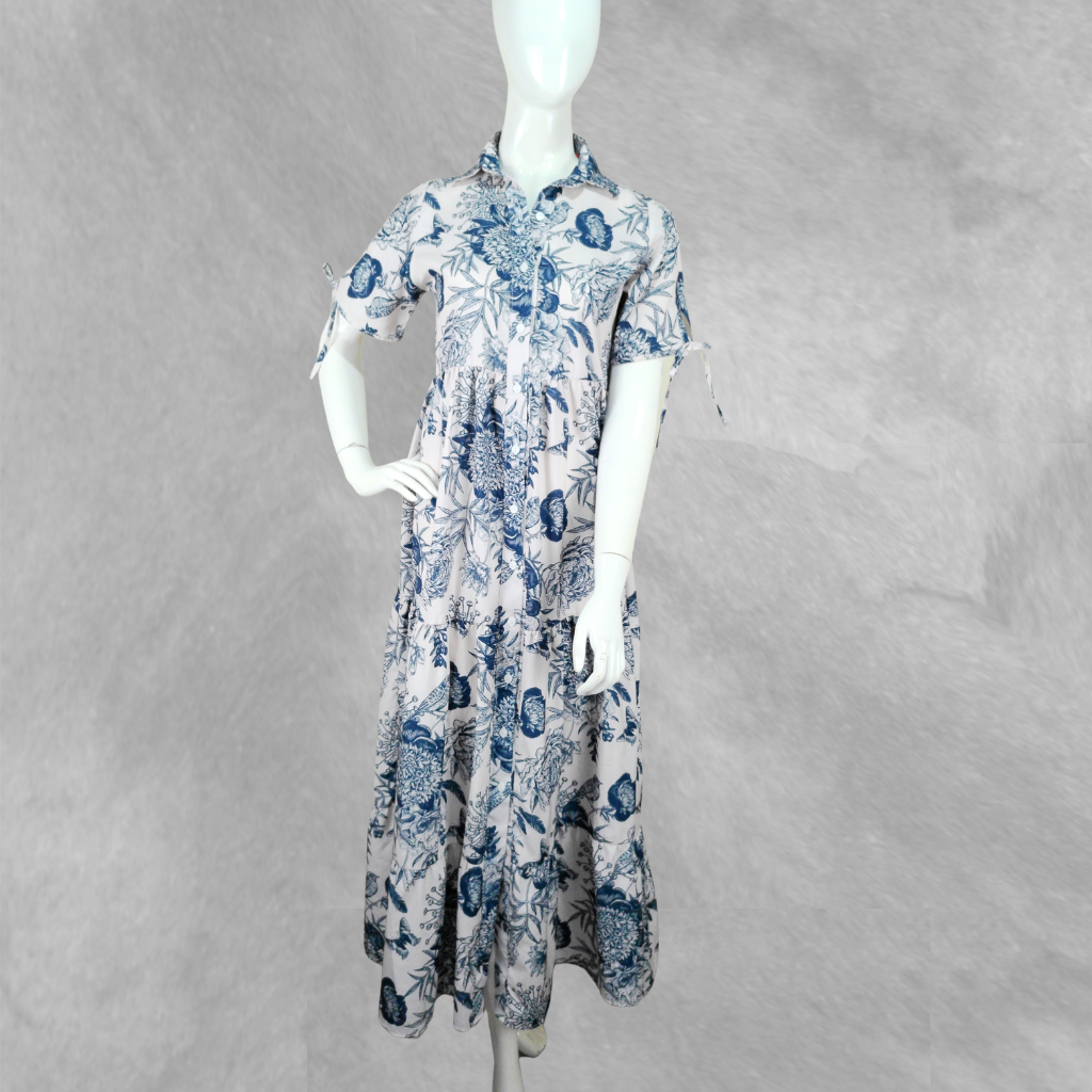 [359] Vestido Albertina largo blanco y celeste Estampada talle S