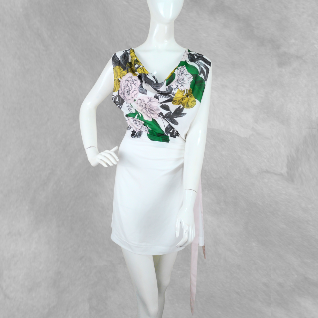 [370] Vestido H&M manga corta blanco Floral talle S/M Con mancha en la falda