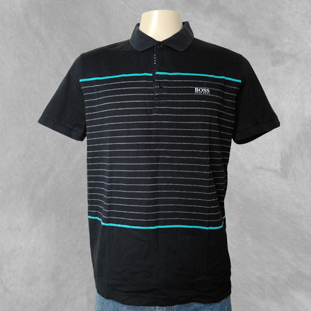 [64] Remera con cuello Hugo Boss gris y celeste a rayas talle XL