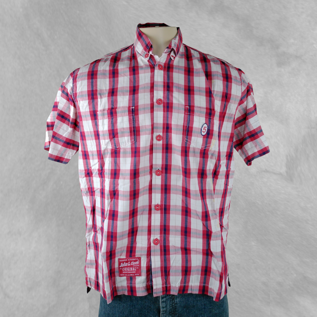 [205] Camisa John L. Cook Manga corta Blanca y Azul Cuadros talle S
