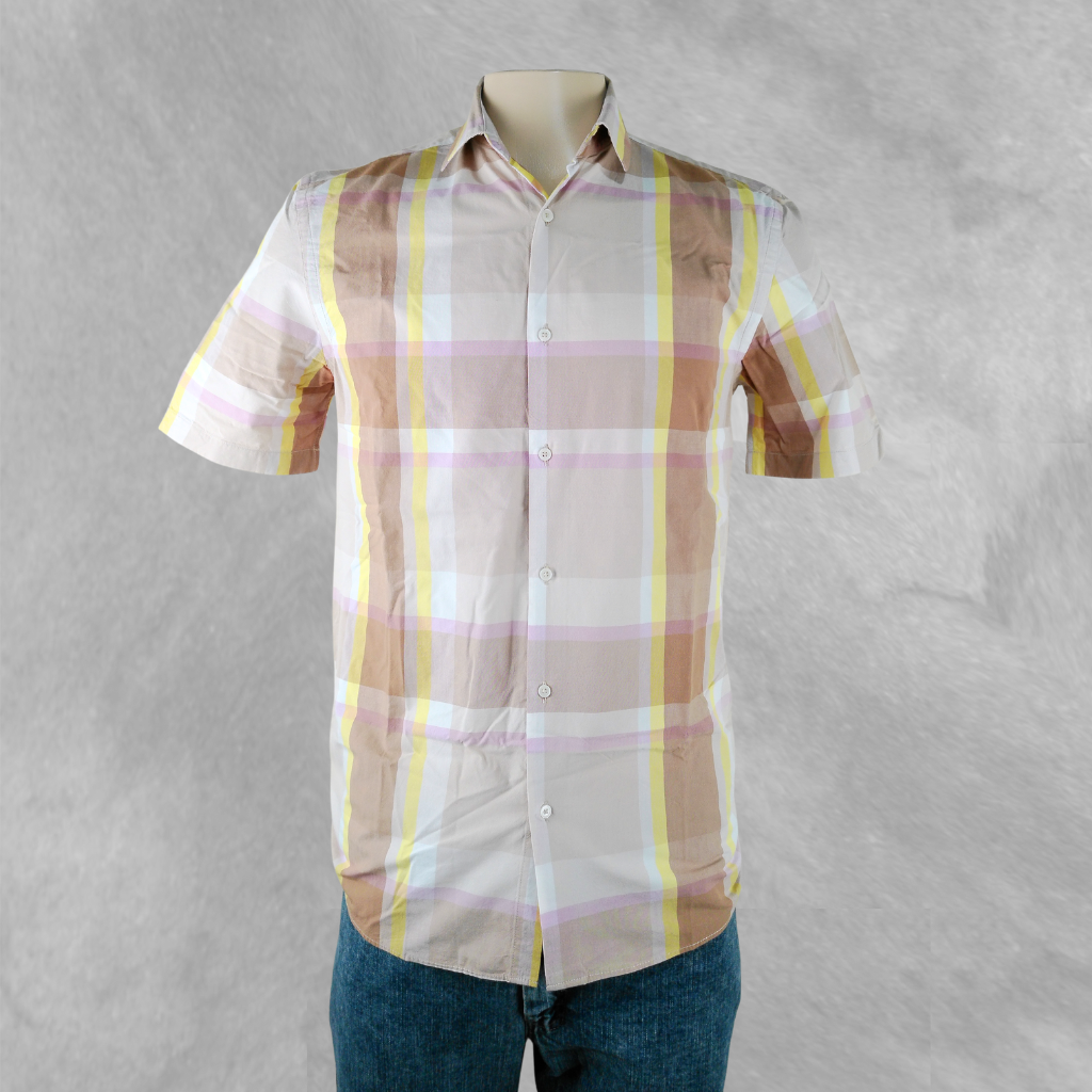 [207] Camisa Zara Manga corta Beige y Amarilla Cuadros talle S