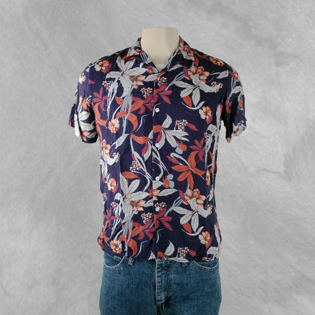 [208] Camisa Zara Manga corta Azul y Naranja Floral talle M