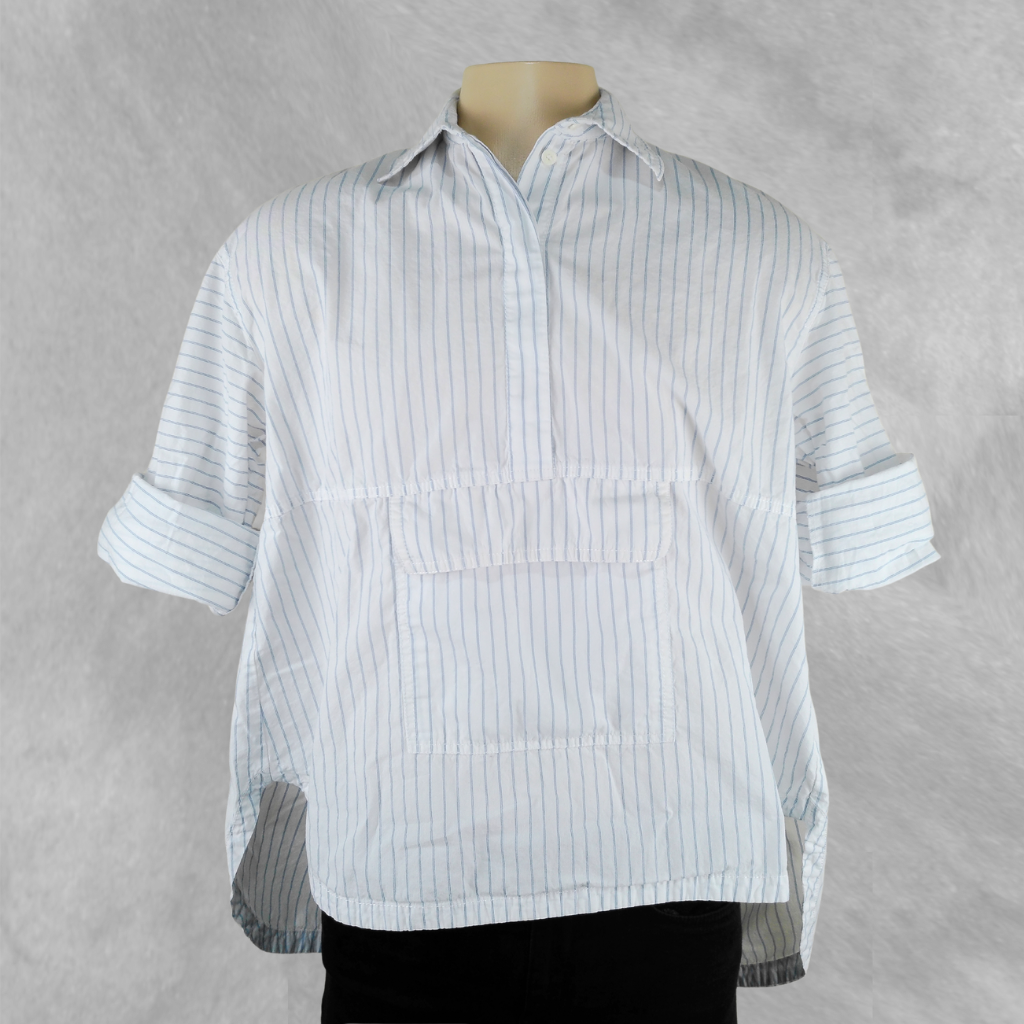 [214] Camisa Zara Manga corta Blanca y Celeste Rayada talle L