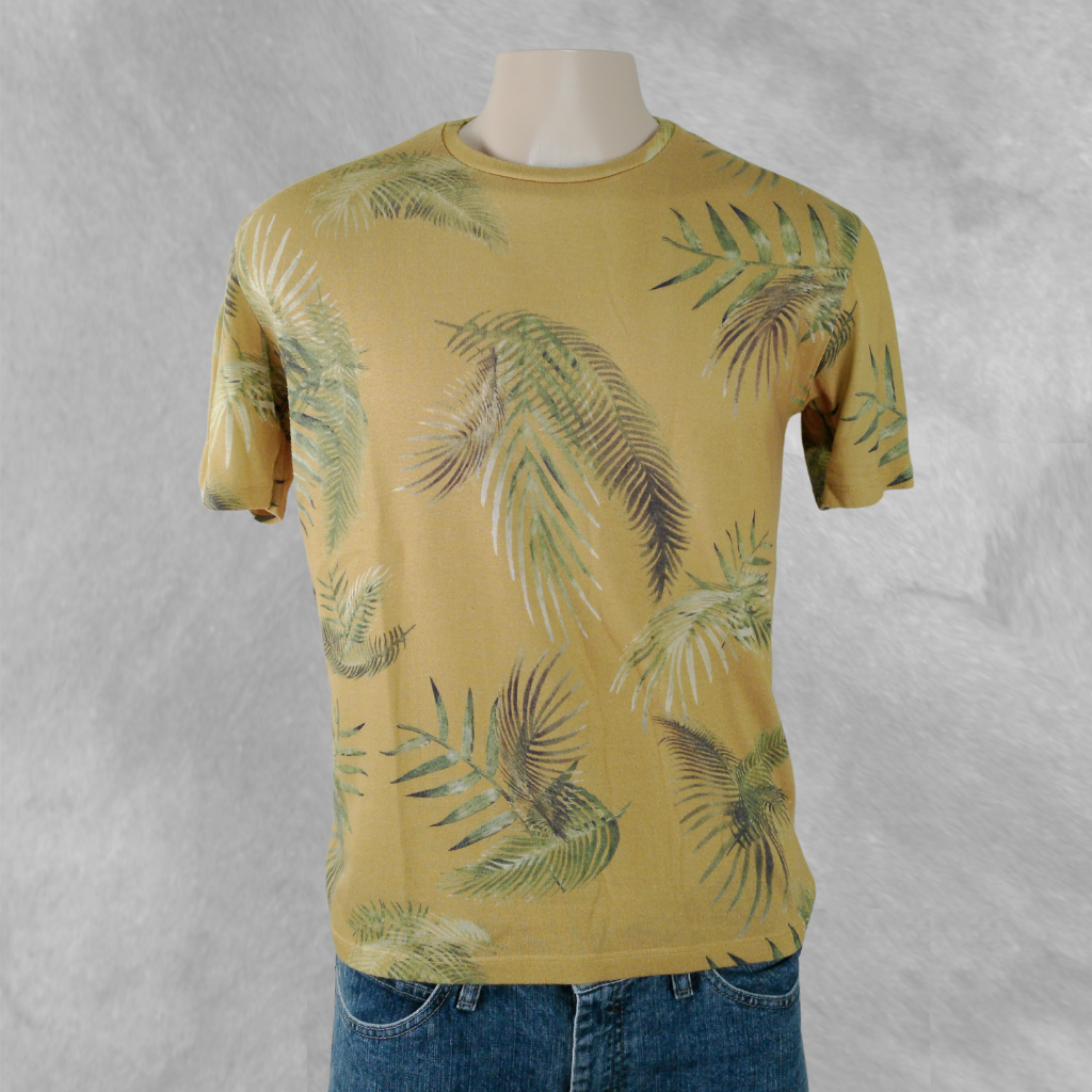 [255] Remera Zara Manga corta Mostaza y Verde Estampada talle M