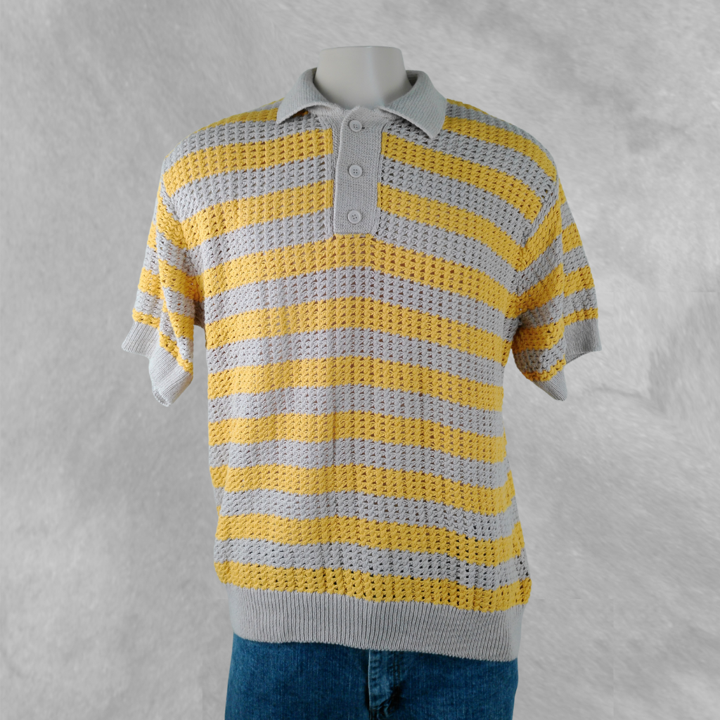 [261] Remera Zara Beige y Mostaza Rayada talle L tejida con cuello y botones