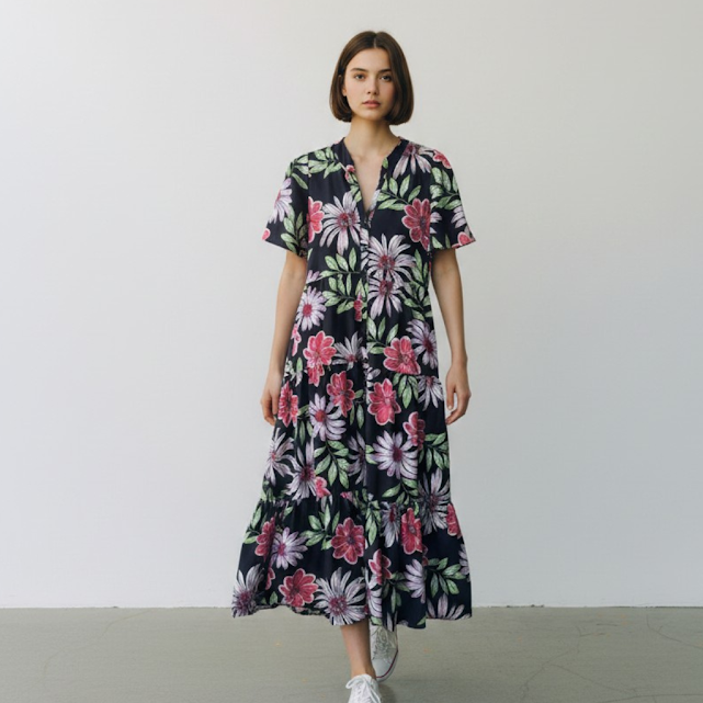 Vestido Manga corta negro Floral talle S Con flores