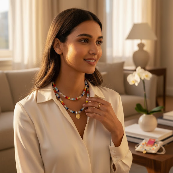 [1469] Accesorio multicolor Collar de canutillos con dige dorado