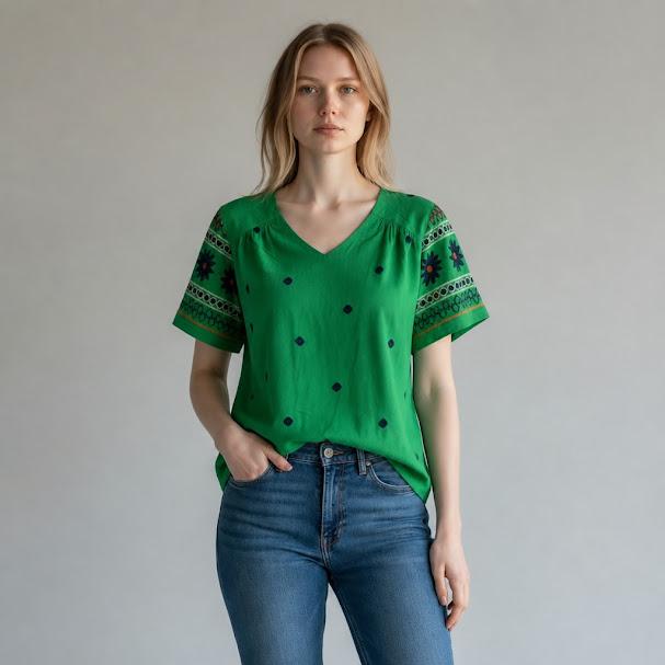 Blusa manga corta verde y azul oscuro Moteada talle M Con bordado de flores azul y naranja