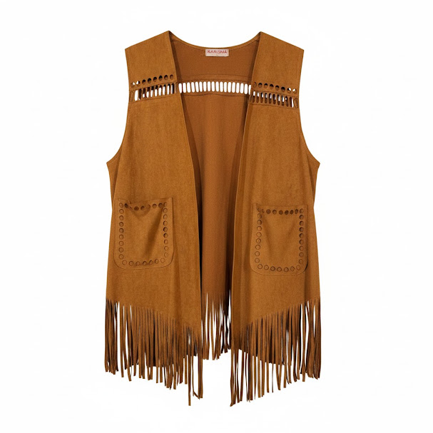 [1488] Chaleco sin manga marrón Liso talle XL De nobuk con flecos