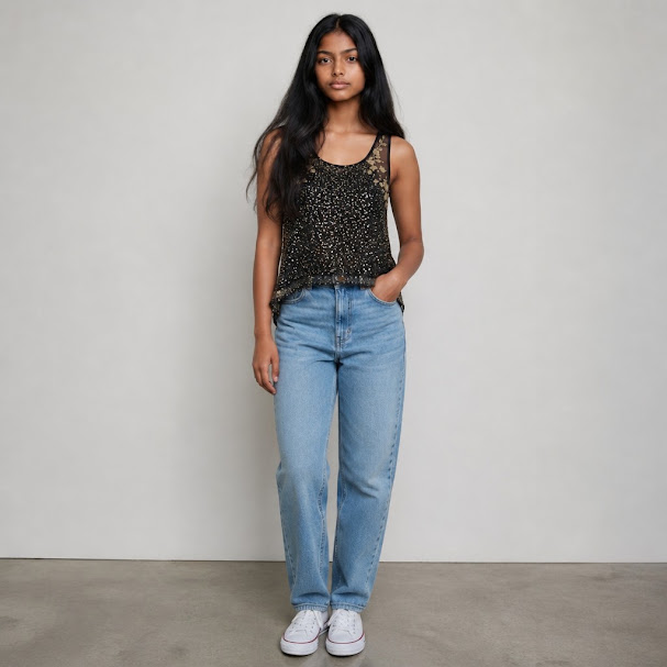 Blusa Forever21 sin manga negra y dorado Bordada talle L de gasa con lentejuelas verde