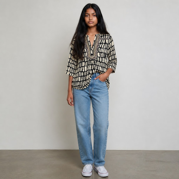 [1497] Blusa Rapsodia manga 3/4 beige y negro bordado talle M con bordado en la pechera