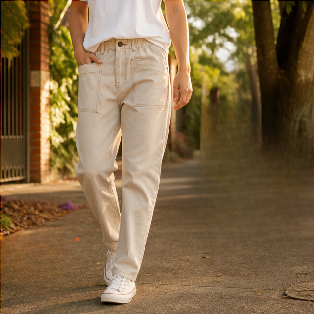 [1651] Pantalón ARES beige talle 36 Jeans Mom. Engomado. Bolsillos en frente
