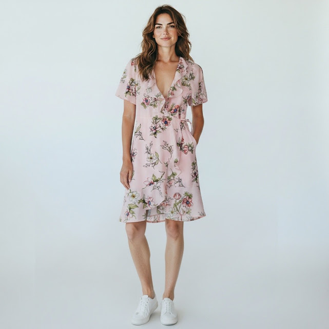 Vestido Faenza con manga rosa Floral talle S escote cruzado corte V corto