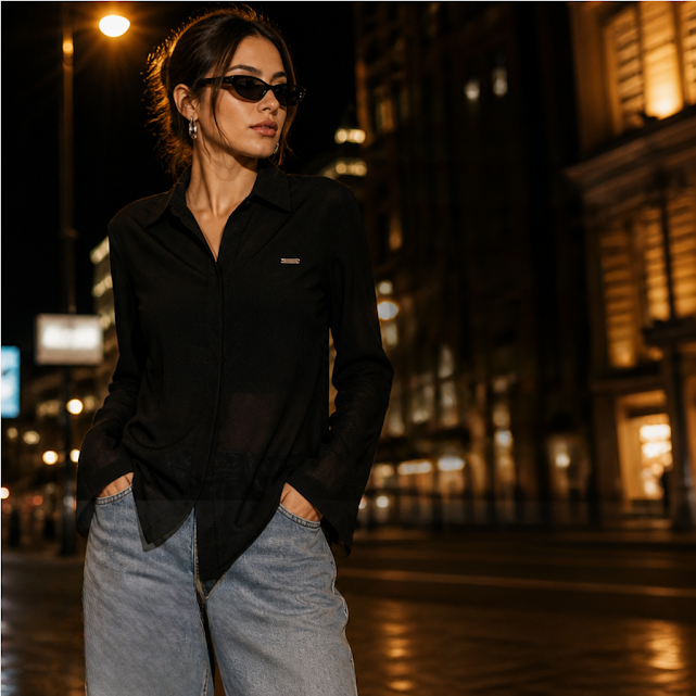 [1674] Camisa Forever21 manga larga negra Transparente talle M Con bordados. Sin botones. Acampanado