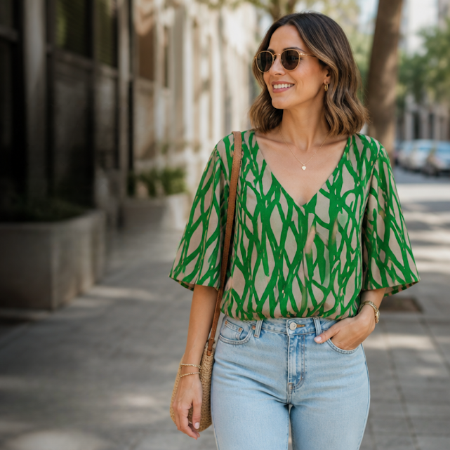 [1682] Blusa sin manga Salmón y verde con estampado talle S Escote V. Goma en la cintura