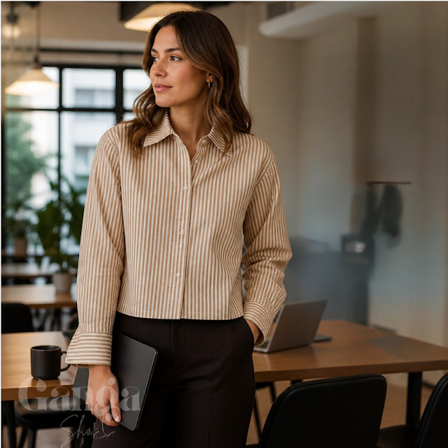 [1706] Camisa manga larga beige y blanca a rayas talle Único