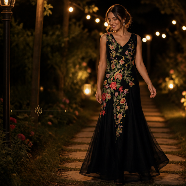Vestido sin manga negro Floral talle Único Con taza. Corte sirena. Triple forro Raquel Almeida
