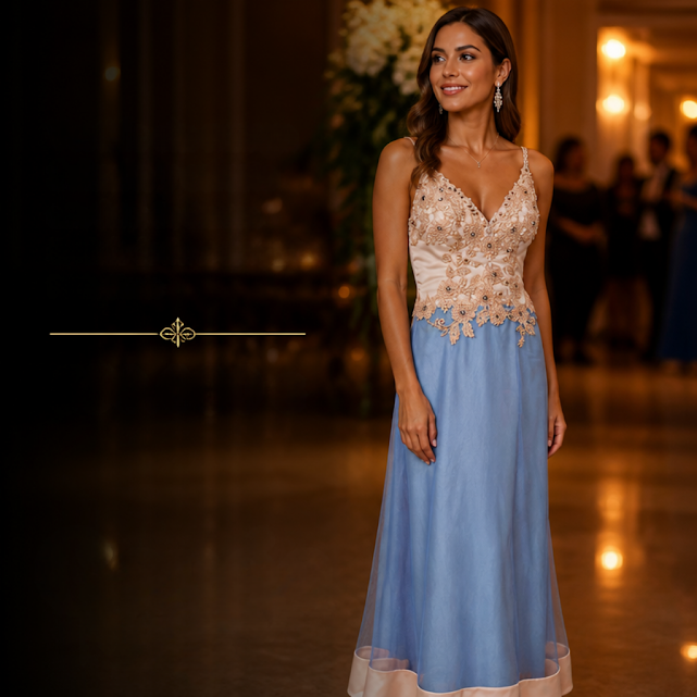 Vestido sin manga Salmón y celeste talle Único De tirantes. Bordado de flores con perlas. Falda Cleste