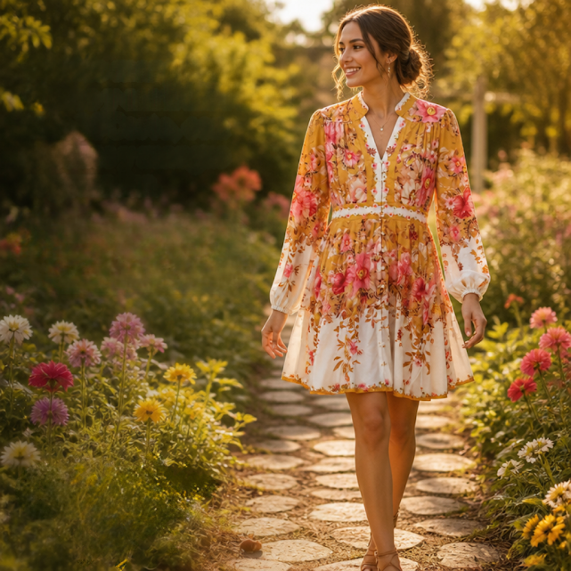 Vestido manga larga blanco y amarillo Floral talle M Corto, con botones y mangas engomadas.