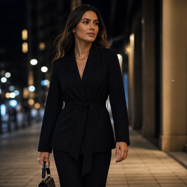 [1718] Blazer Maestro manga larga negro talle S Con hombreras, sin botones, con cinto.