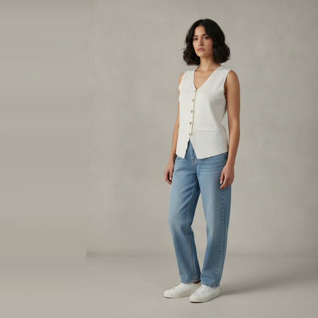 [0037009] Blusa sin manga blanco Liso talle M Elise con botones dorados corte V