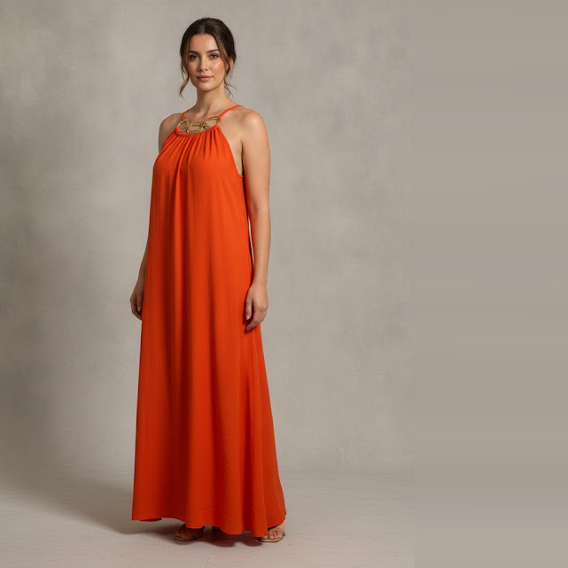 Vestido sin manga naranja Liso talle M Vestido con detalle dorado en la espalda
