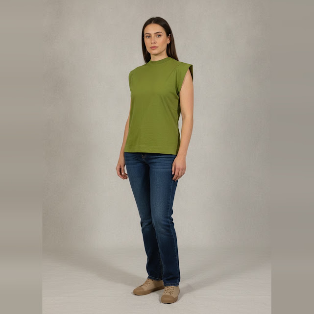 [0037023] Remera sin manga verde Liso talle M Cuello alto sin detalles semi nuevo