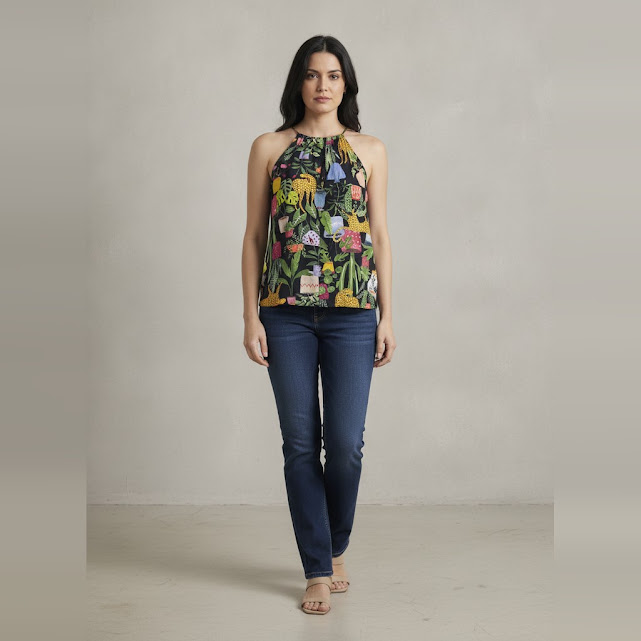 [0037026] Blusa sin manga negro con estampado talle G Con diseños de hojas verdes y tiras