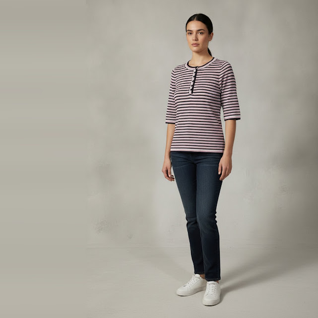 [0037029] Blusa manga 3/4 negro y rosa a rayas talle G Con botones brillosa
