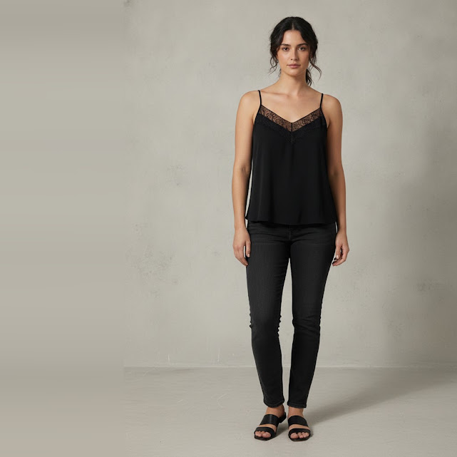 [0037032] Blusa sin manga negro Liso talle 42 Le Blog con detalle de encaje en el cuello