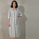Vestido con manga blanco y gris a rayas talle G corto con botones, cinto y con cuello