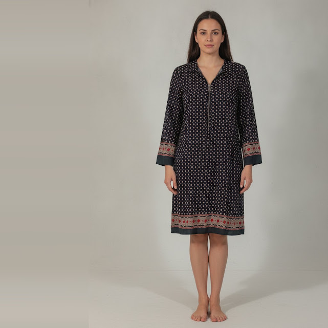 [0034011] Vestido manga larga negro y beige con estampado talle L Tipo camison con cierre