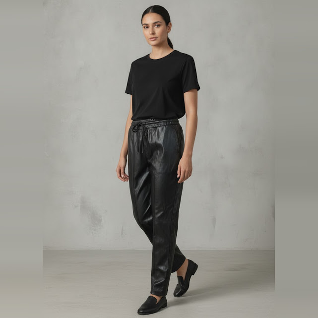 [0034013] Pantalón Daniel Cassin largo negro talle L De cuero con goma en la cintura y cinto