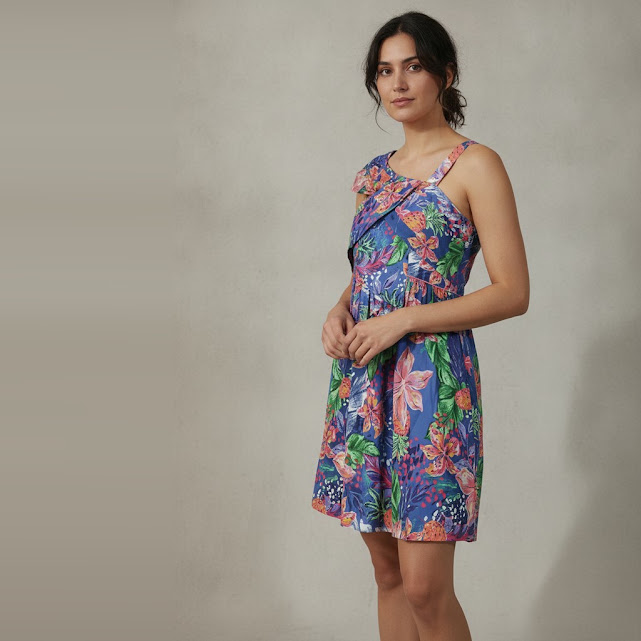 [0034019] Vestido Zara sin manga azul y verde con estampado talle 14 corto con diseño de flores y diseño cruzado enfrente